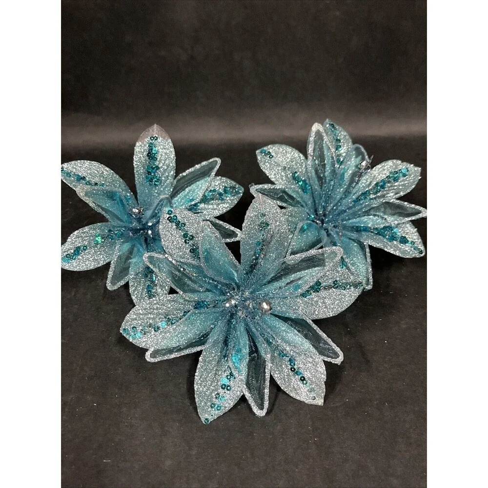 12 Silver/Blue Glittered‎ Christmas Ornaments:Butterflies Dragonfly Bird Flowers